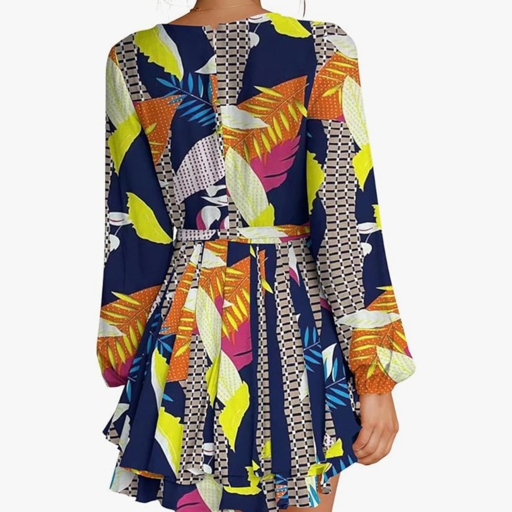 Blue and Yellow Plunge Neck Long Sleeve Sundress